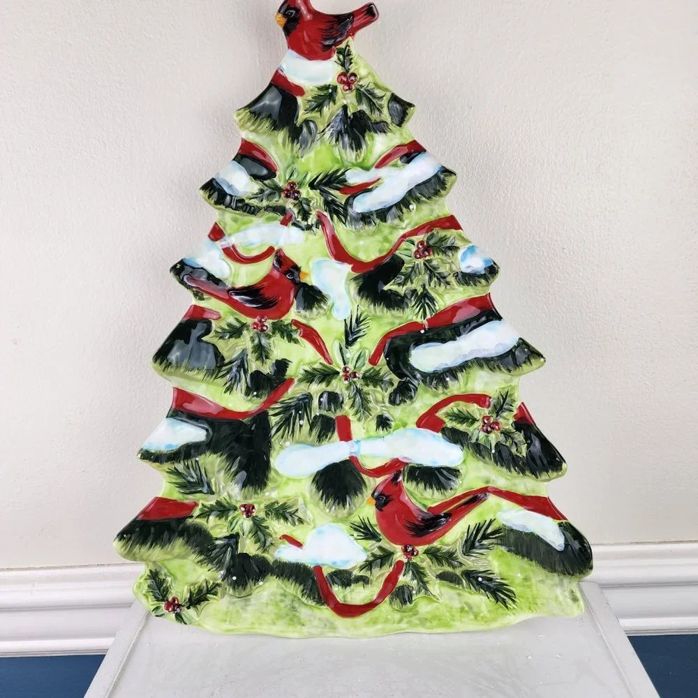 Pier 1 Hand Painted Earthenware Holly Birds Cardinals Christmas Tree Plate NWT
